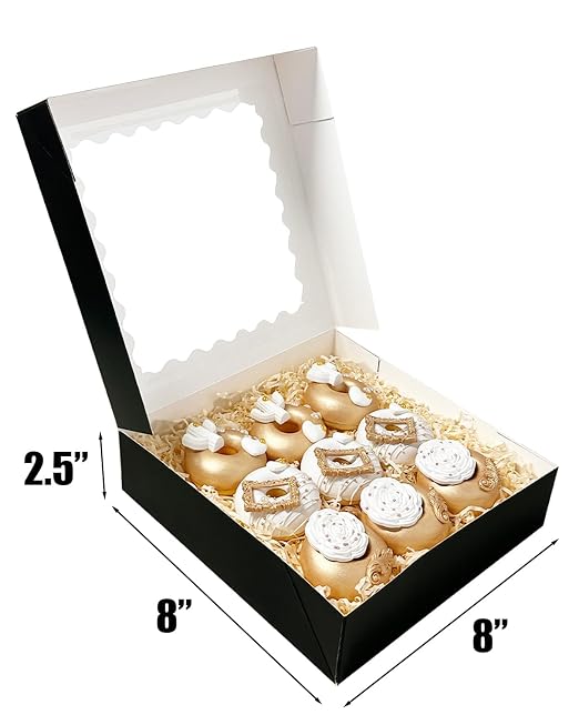 Bakepacker 55pcs Black Pie Boxes 8x8x2.5 inches Easy Assemble Macaroon Cookie Boxes Bakery Boxes with Window for Bakery (Auto-pop Up)
