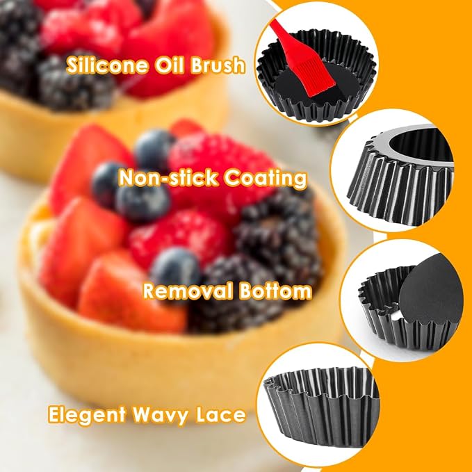 8 Pack Mini Tart Pans 4 Inch with Removable Bottom Round Nonstick Quiche Pan, 1.2 Inch Deep Mini Pie Pans with Oil Brush&Silicone Scrubber Heavy Duty for Baking Fruit Tarts, Dessert
