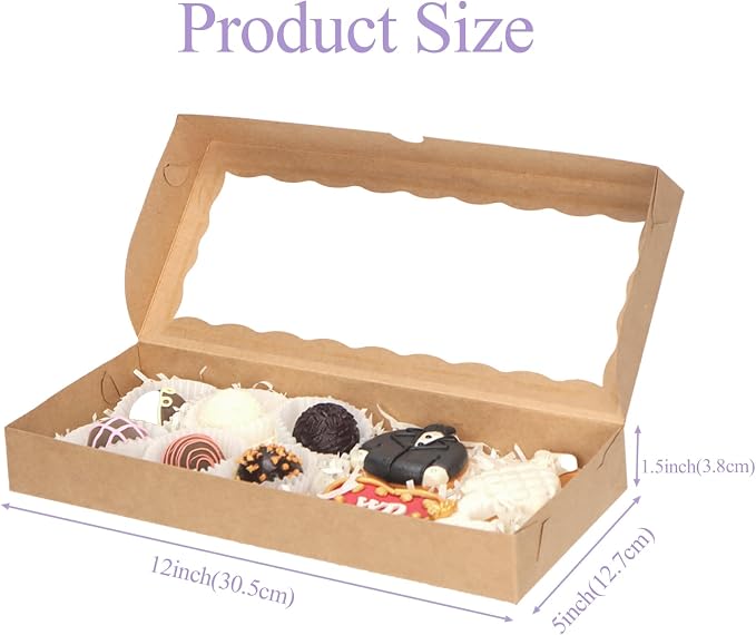 50pcs 12x5x1.5Inches Brown Cookies Boxes with Window Bakery Boxes Chocolate Truffle Boxes Macaron Boxes Cakesickle Boxes Browines Treat Boxes for Christmas Valentine's Father's Mother's Day
