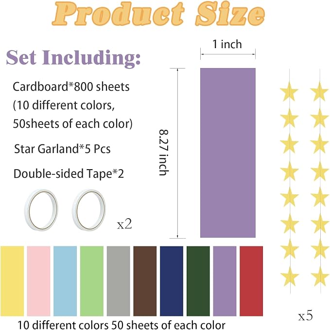 Macaron Pastel Paper Chain & Mirror Star Garland Kit with Double-Sided Tape, Pre-Cut 10 Colors Strips. Ideal for Birthday, Baby Shower, Wedding & Party Decor. (800, 1 x 8.27 Inches)