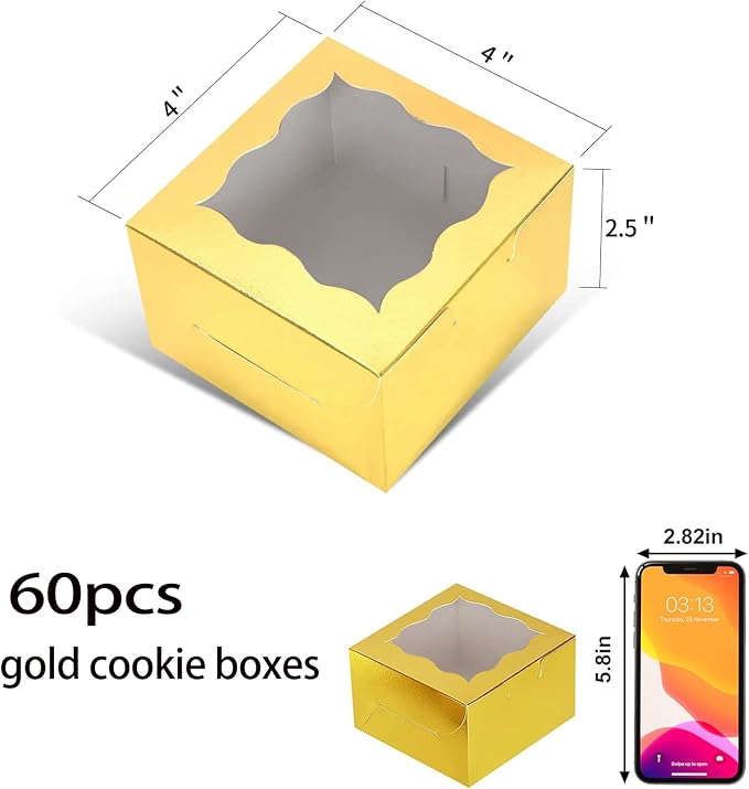 KPOSIYA 60 Pcs Gold Bakery Boxes with Window Individual Cupcake Boxes 4x4x2.5 Inches Cookie Boxes Kraft Paper Gold Gift Box for Pastries, Cookies, Pie, Donuts, Macaroon