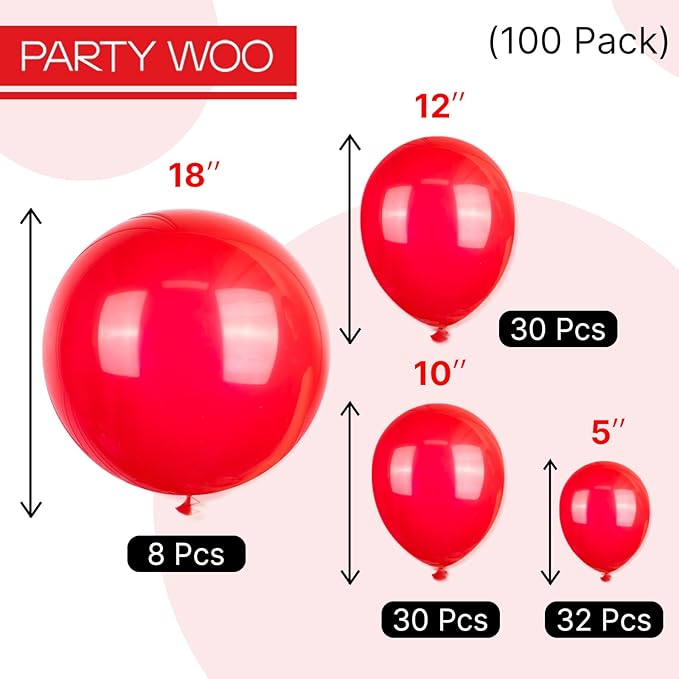 PartyWoo Red Balloons 100 pcs Different Sizes of 18 12 10 5 Inch Red Balloon Arch Kit Garland for Birthday Graduation Bachelorette Citizenship Anniversary Cherry Casino Theme Party Decorations Red-Y57