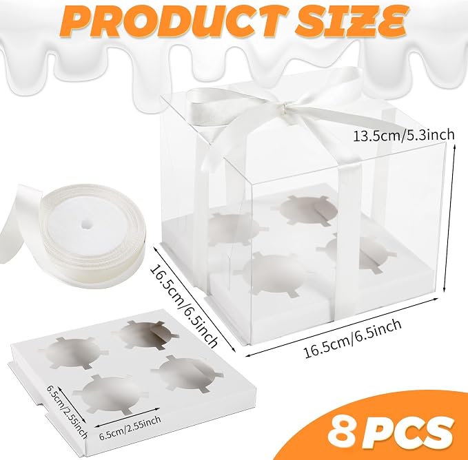 JCD 8 Pack Clear Cupcake Boxes, 4 Count Cupcake Containers with Gift Ribbon,5.3inches height Plastic Cupcake Carrier Holder for Treat Dessert Cookies Muffins Pastry Baby Shower Party (4count/8pcs)