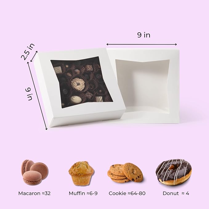 Fit Meal Prep [25 Pack] Pie Boxes with Window 9x9x2.5 White Pastry Boxes Auto Pop-up Bakery Containers for Dessert, Cookies, Cheesecake Treat Box for Packaging