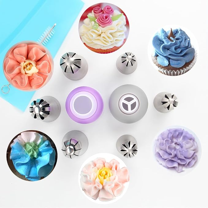 10 Pieces Stainless Steel Russian Twist Flower Icing Tips Set, 3 Big Ball Piping Tips,3 Small Ball Piping Tips,1 Pastry Bags,1 Cleaning Brush,2 Plastic Couplers,Cake Decorating Piping Tips Set
