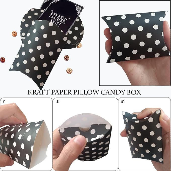 50 Pcs Kraft Paper Pillow Gift Boxes,3.5x2.6 Inch Mini Folding Treat Boxes, Creative Favor Box Folding Treat Boxes for Bakery, Candy, Jewelry, Wedding & Party Favors(Black dots)