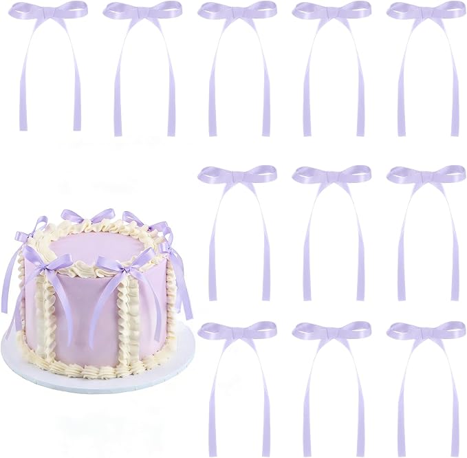 30 Pack Bow Cake Toppers Light Purple Ribbon Bows for Cake Purple Birthday Decorations for Baby Shower, Bachelorette, Wedding, Halloween, Christmas, New Year Party Decorations