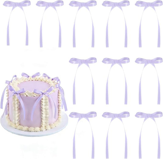 30 Pack Bow Cake Toppers Light Purple Ribbon Bows for Cake Purple Birthday Decorations for Baby Shower, Bachelorette, Wedding, Halloween, Christmas, New Year Party Decorations