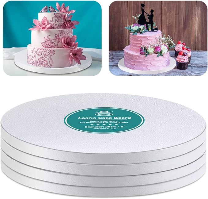 White Cake Drums Round 8 Inch Cake Boards with 1/2-Inch Thick Smooth Edges for Multi Tiered Birthday Wedding Party Cakes Drum Board