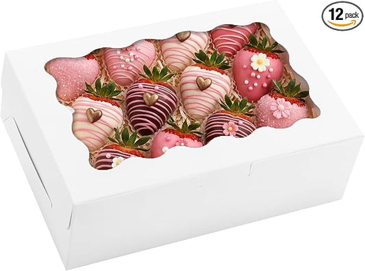 Moretoes 12pcs Cookie Boxes with Window, 9x6x3 Inch White Bakery Boxes Pastry Containers for Chocolate Covered Strawberries, Candy, Muffins, Donuts