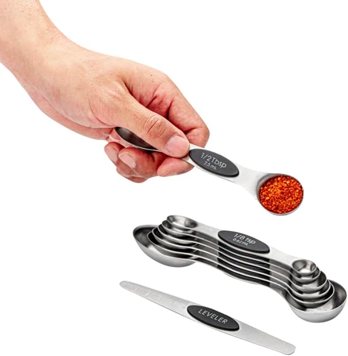 Restaurantware Met Lux 8-piece Measuring Spoon Set 1 Premium Magnetic Measuring Spoon Set - Dual-Sided With Leveler Black Stainless steel Spoon Set With U.S. And Metric Units Dishwashable
