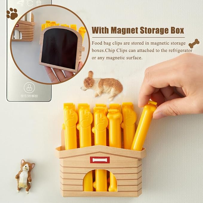 Ouliget Magnetic Refrigerator Sealing Clip,Chip Clips with Magnet Storage Box,Puppy Bone Shaped Food Packages Clips,Kitchen Food Freshness Bag Clip,Yellow,10 Pieces