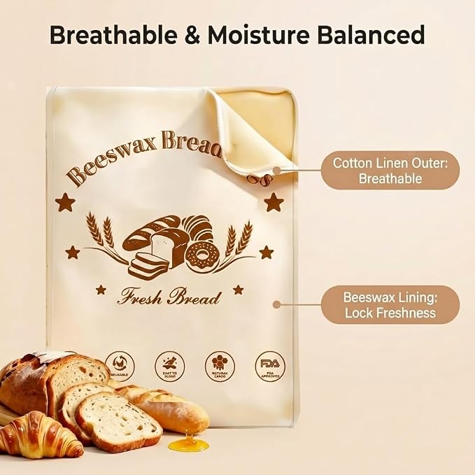 Beeswax Bread Bags for Sourdough 2 Pack Reusable Linen Food Storage Bags 17 x 12.6 Inch