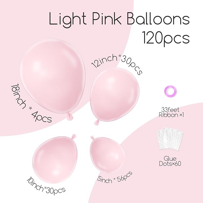 120pcs Light Pink Balloon Arch Kit, 18 12 10 5 inch Pastel Pink Latex Balloons Different Sizes Baby Pink Balloon Garland for Bridal Baby Shower Gender Reveal Birthday Party Decorations