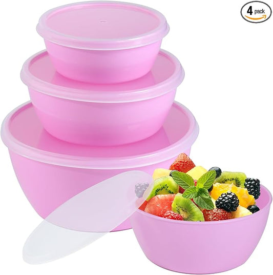 Set of 4 Plastic Prep Bowls with Lids，Microwave and Dishwasher Safe,Ideal for Baking, Prepping, Cooking and Serving Food (Pink)