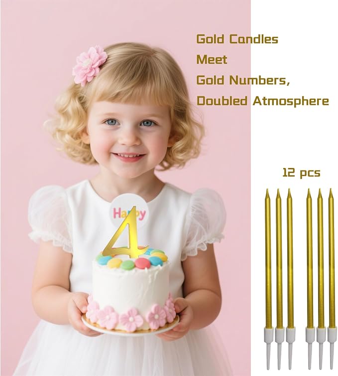 3.7IN Gold Acrylic Number 4 Cake Topper with 12 Gold Long Candles - Perfect for 4th Birthday Party Supplies, Ideal for Cake Decoration