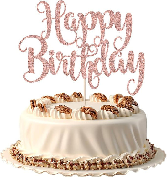 Happy Birthday Cake Topper- Glitter Happy Birthday Cake Decor, Handmade Anniversary/Birthday Party Supplies (Rose gold)
