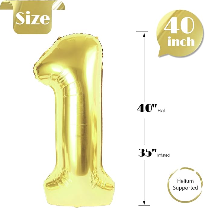 Light Gold Number 1 Balloon 40 Inch, 1st Birthday Balloon for Baby Boy Girl Toddler First Birthday Decorations, Shiny Light Gold Party Supplies
