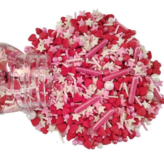 Edible Cake Cupcake Sprinkles for Baking, Heart, Stars and Sugar Pearl Sprinkle, Valentines Sprinkles Mix for Cookies, Ice Cream, Cake and Cupcake Decorating, 3.35 oz