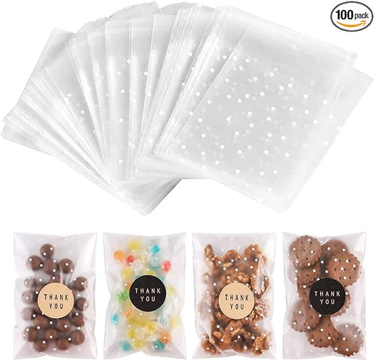 NPLUX 100PACK Self Adhesive Cookie Bags Cellophane Treat Bags Thank You for Gift Giving Candy with Stickers, Party Favor, Graduation Gift Bags(White Polka Dot,4x6 INCH)