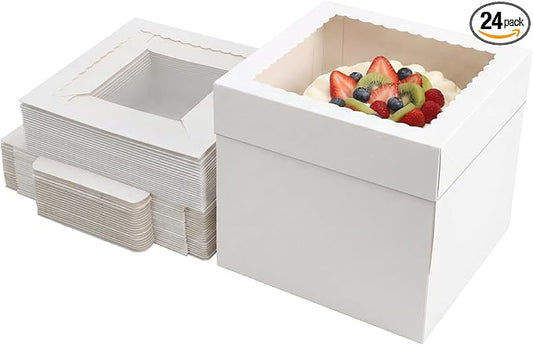 ZBEIVAN 24 Pack Cake Boxes 10x10x10 Inches White Bakery Boxes with Window, Large Square Cardboard Cake Carriers for Cakes