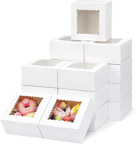 TOMNK 65pcs Cookie Boxes, 6x6x3 Inches Treat Boxes with Window, White Bakery Containers for Small Pie, Chocolate Covered Strawberries, Cupcake and Pastry