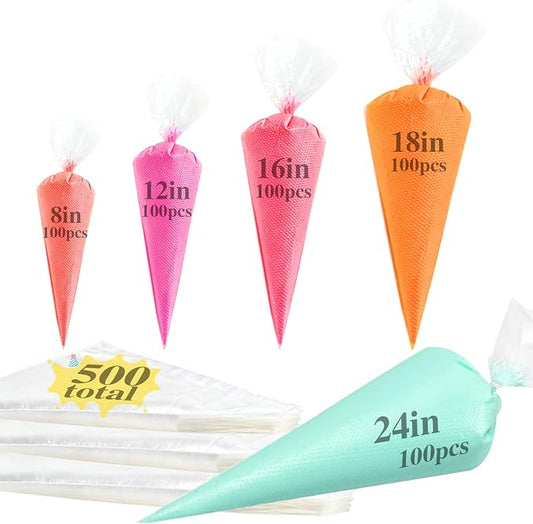 Piping Bags, Icing Bags, Frosting Bags 500 Pcs - 5 Size Assortment (8,12,16,18,24 Inch) Disposable Pastry Bags for Cake Decorating, Baking and Cooking