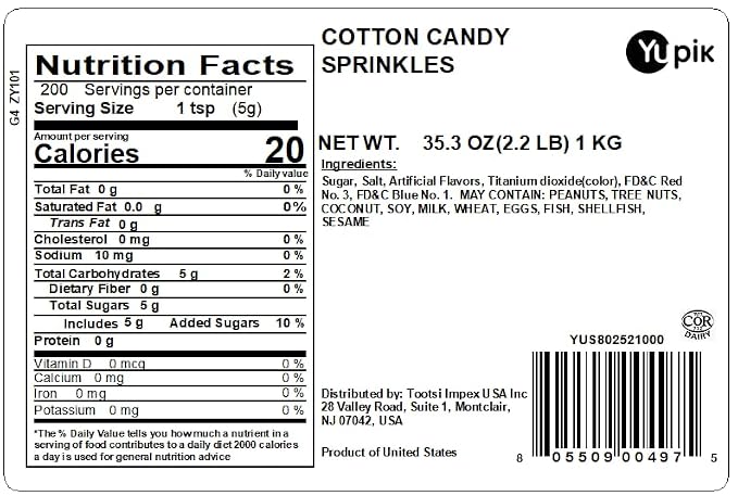 Yupik Cotton Candy Flavored Sprinkles, 2.2 lb (35.2 oz), Low Sugar, Kosher, Cholesterol-Free, Fat-Free, Perfect for Baking and Decorating Ice Cream, Cakes, Cookies, Cupcakes, and Donuts