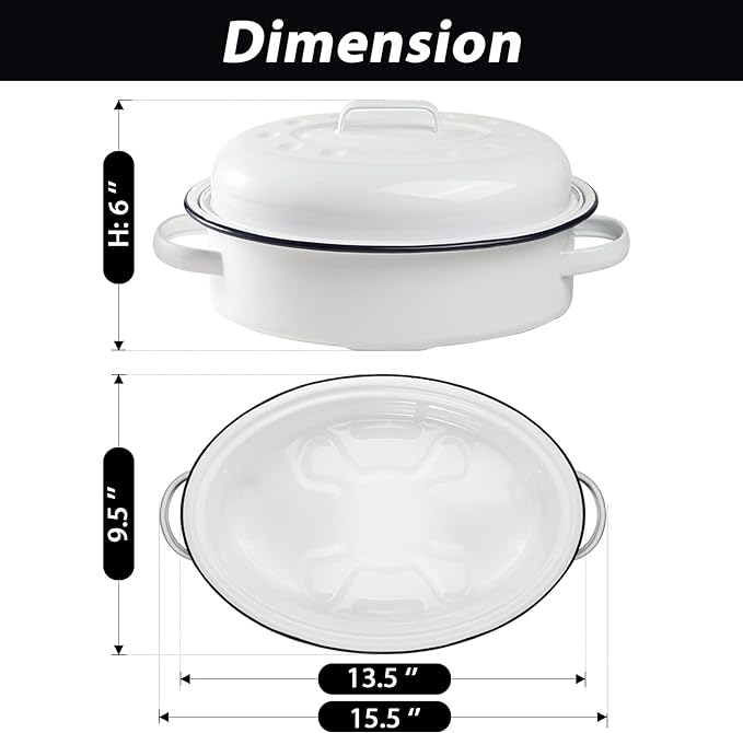 Webake Enameled Roasting Pan with Lid, Covered Roaster Pan Oval Pot Enamelware Cookware, 15.5 Inch, Vintage Farmhouse White