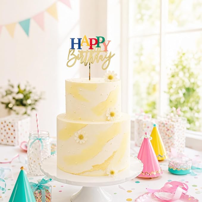 Acrylic Birthday Cake Topper, 7.5" x 6" Happy Birthday Sign for Cake (Gold & Rainbow)