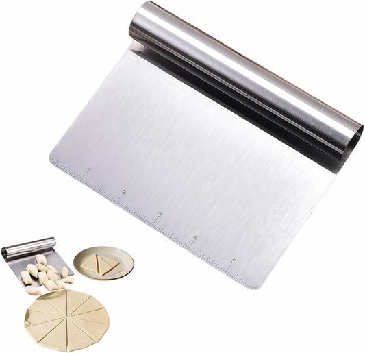Stainless Steel Dough Scraper with Measuring Scale - Multi-Purpose Kitchen Tool for Baking, Pizza, Grilling, Pastry Cutter & Vegetable Chopper | Ergonomic Handle & Rust-Proof Design