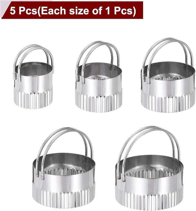 HARFINGTON 5 Pieces Round Biscuit Cutter with Handle Set Stainless Steel Circle Cookies Dough Cutter Tool with Fluted Edge for Kitchen Baking Cake