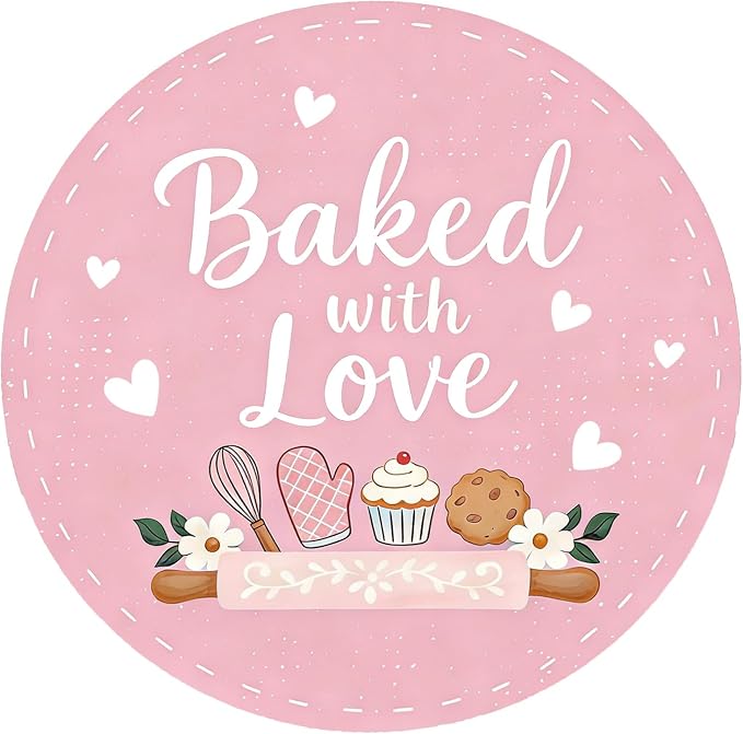 Baked with Love Stickers 120PCS 1.6 Inch Round Baking Labels for Cookies Cupcakes Dessert Table Treat Bags Gift Wrapping Birthday Party Candy Bags Homemade Packaging Small Business (Pink)