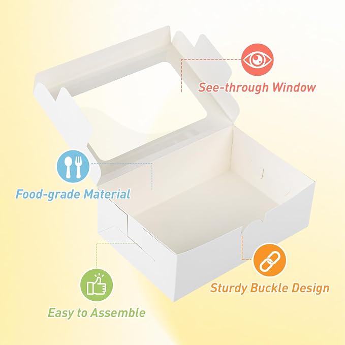 Treeroot 60PCS Cookie Boxes, 9x6x3 Inch White Bakery Boxes with Window, Treat Box for Desserts for Chocolate Covered Strawberries, Candies, Pancakes, and Donuts