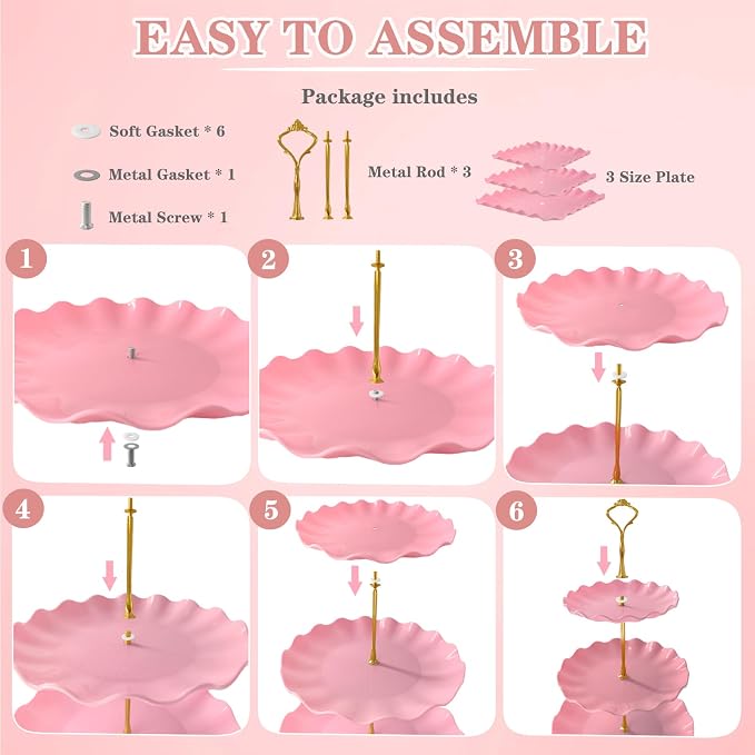 5 Pcs Dessert Table Display Set, Pink Plastic 2 Pcs Square 3 Tier Cupcake Stand Cup Cake Tower Stand with Metal Rod & 3 Pcs Serving Tray for Baby Shower, Tea Party, Wedding, Birthday Party