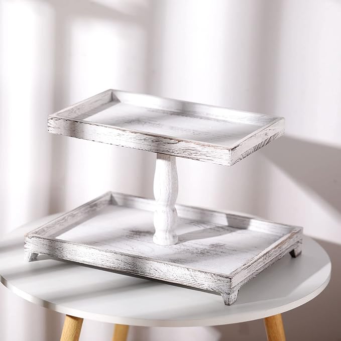 Yalikop Farmhouse Tiered Tray Stand - Wooden Rustic 2 Tier Rectangular Tray Serving Stand for House Kitchen Cake(White)