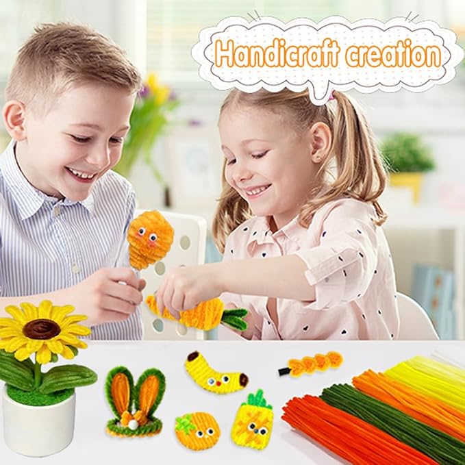 AHAMETON 620Pcs Golden Orange Pipe Cleaner Flower Kit, 6 Colors Bulk Pipe Cleaners Craft Supplies with Wire, Stamens, Ribbon, Tapes, Card, DIY Flower Making for Gifts Home Decor, Party & School Crafts