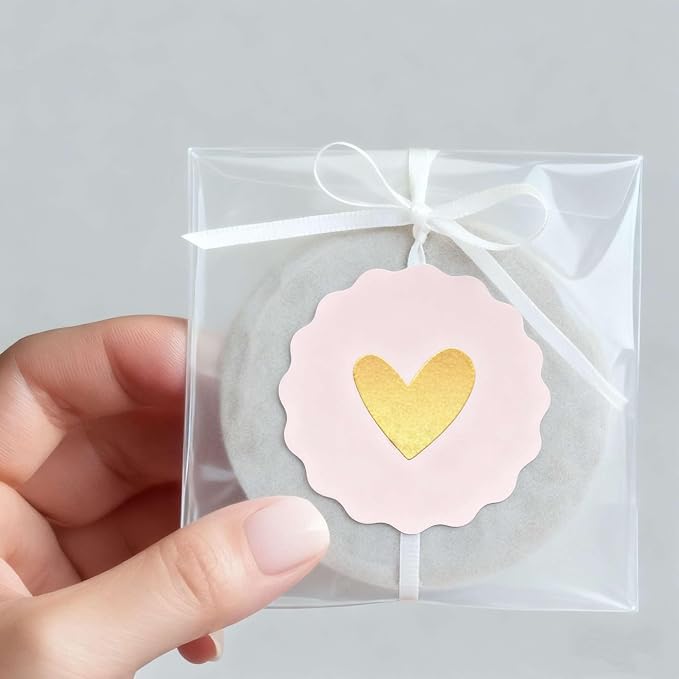60 Pcs Heart-Shaped Gold Foil Love Stickers, 2 inch Wavy Edge Seals | gold foil love stickers for handmade packaging, envelopes, gift boxes, mailers, wedding invitation and party favors.