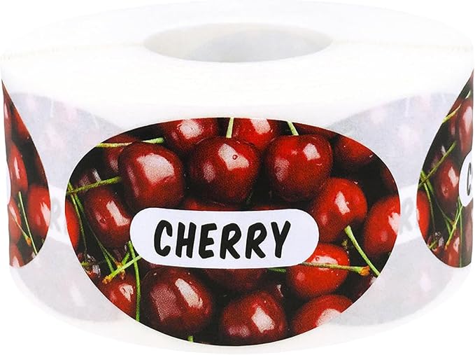 Cherry Grocery Store Food Labels 1.25 x 2 Inch Oval Shape 500 Total Adhesive Stickers