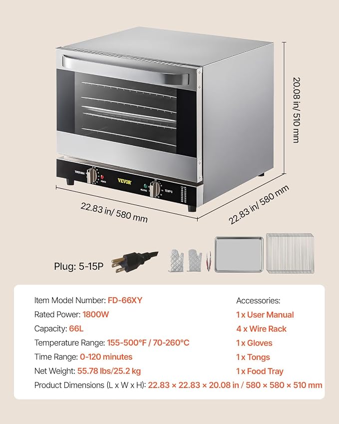 VEVOR Commercial Convection Oven, 66L/60Qt, Half-Size Conventional Oven Countertop, 1800W 4-Tier Toaster w/Front Glass Door, w/Trays Wire Racks Clip Gloves, 120V | 1800W, 4-Tier Toaster, Front Glass Door, Electric Baking Oven with Tray & Wire Racks Inc...