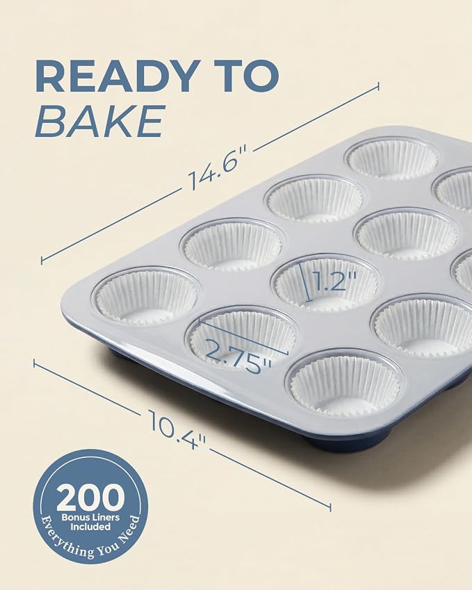 CARTMAN 2-Pack Ceramic Muffin Pan 12 Cup with 200 Cupcake Liners, Non-Stick & Non-Toxic Baking Tin for Healthy Muffins and Cupcakes, Perfect for Home Kitchens and Parties