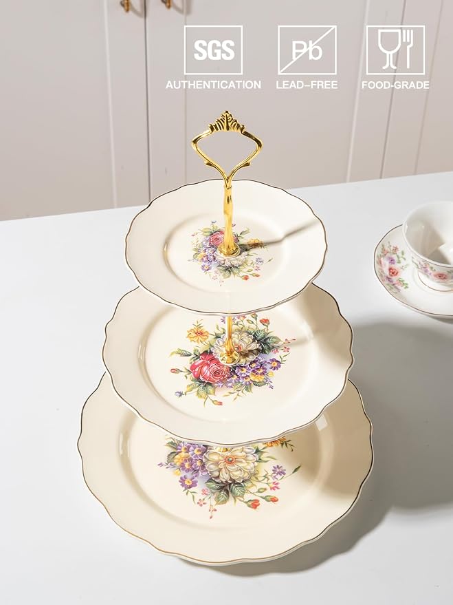 Sweejar 3 Tier Ceramic Cake Stand Wedding, Dessert Cupcake Stand for Tea Party Serving Platter(Flower Style)