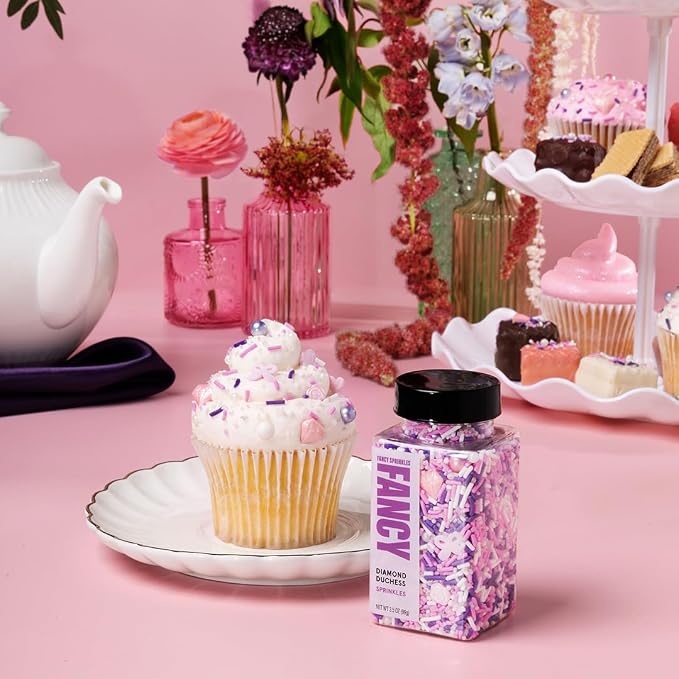 Fancy Sprinkles Diamond Duchess Sprinkles | Bow, Rose, Pearl & Diamond Shaped Candy | Pink, Purple & White | Cake, Cupcake & Cookie Decorating | Bridal & Birthday | 1 Pack (0.5c)