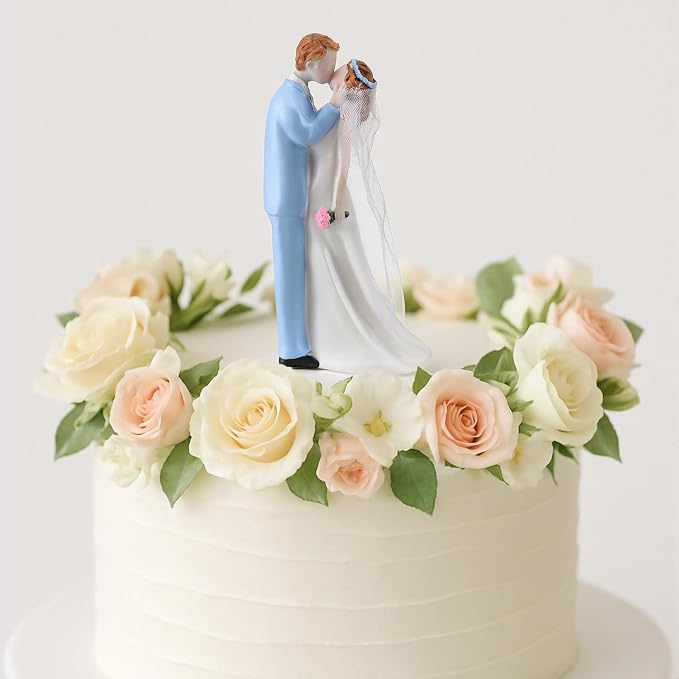 Remerry 4.5" Wedding Bride and Groom Cake Topper Vintage Elegant Wedding Cake Topper Couple Figurine Novios Para Pastel for Engagement Romantic Funny Couple Statue Anniversary(Blue Dream,White)