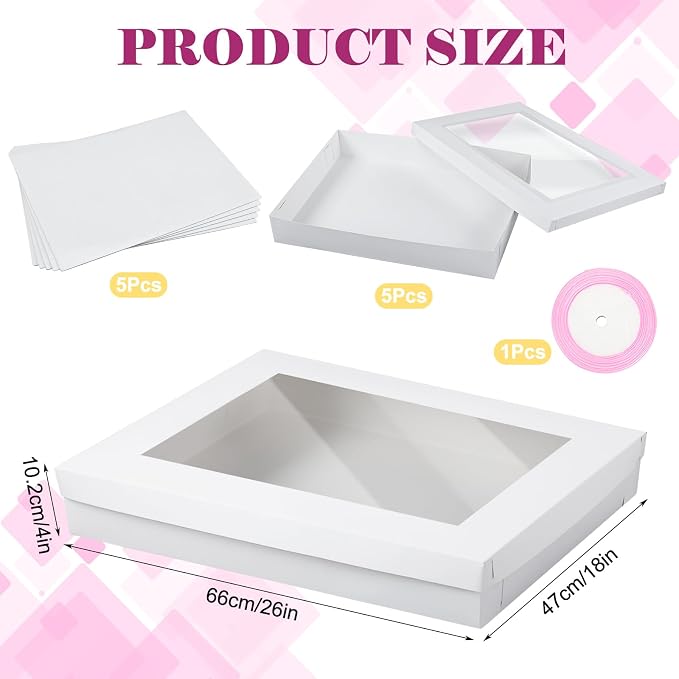 5 Set Full Sheet Cake Box 26 x 18 x 4 Inch with Cake Boards and Pink Satin Ribbon Large Rectangle Bakery Boxes with Window White Bakery Boxes for Packaging Cupcakes Muffins Pie