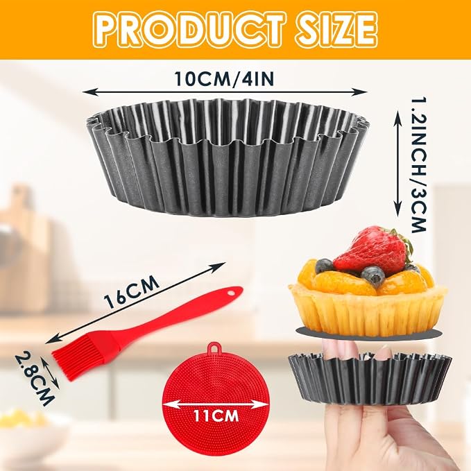 8 Pack Mini Tart Pans 4 Inch with Removable Bottom Round Nonstick Quiche Pan, 1.2 Inch Deep Mini Pie Pans with Oil Brush&Silicone Scrubber Heavy Duty for Baking Fruit Tarts, Dessert