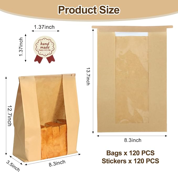 120PCS Sourdough Bread Bags for Homemade Bread Tin Tie Tab Lock Paper Large Bakery Bags with Window for Baked Food Packaging Storage Gift Giving Includes 120PCS Label Seal Stickers 13.7x8.3x3.5in