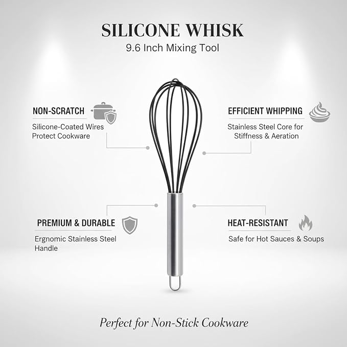 Effortless Mixing Whisk with Silicone-Coated Wires, Stainless Steel Core for Non-Stick Cookware, 9.6 Inch Baking Tool