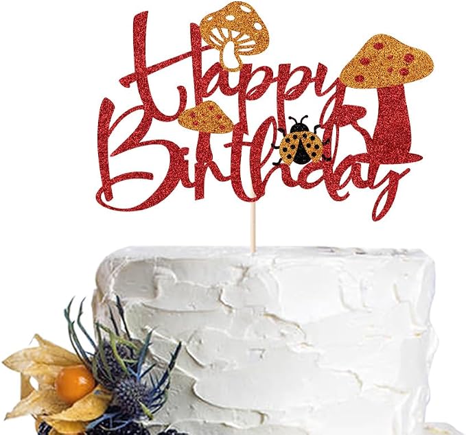 Mushroom Happy Birthday Cake Topper，Forest Theme Party Decoration，Happy Garden Party/Mushroom Theme Cake Topper Decoration Supplies (Mushroom1)