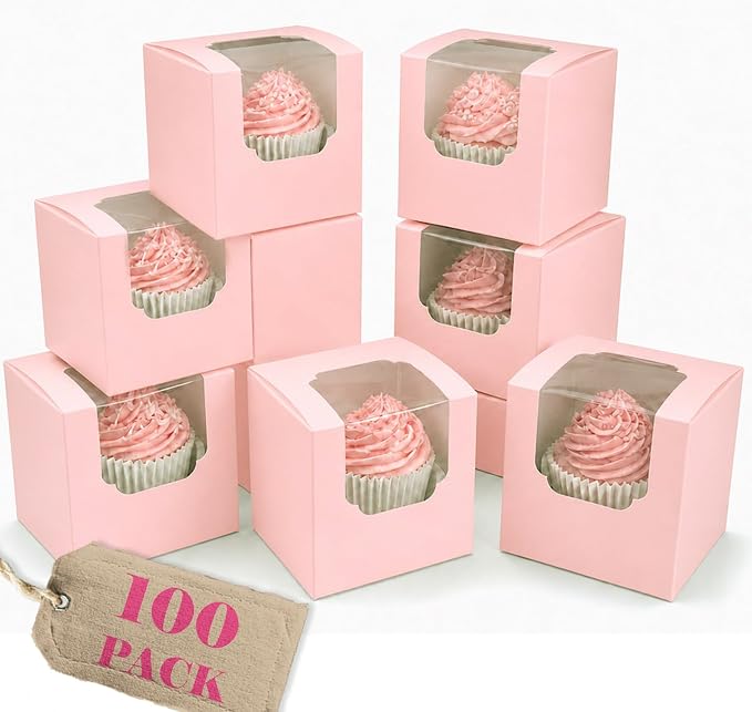 Bakepacker Auto-pop up Cupcake Boxes 100-Packs Individual Cupcake Container Pink 3.5" x 3.5" x 3.5" Single Cupcake Boxes